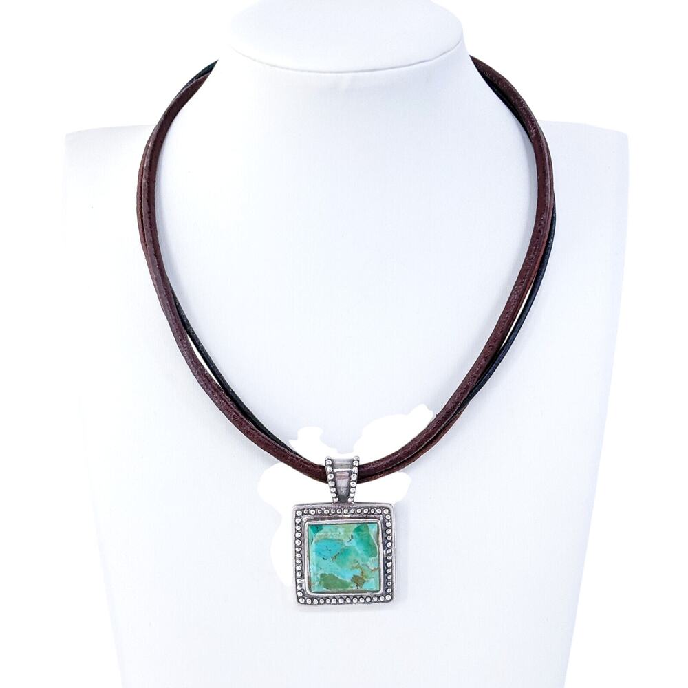 Vintage Sterling Silver Leather Cord Turquoise Pendant Necklace 15.5"